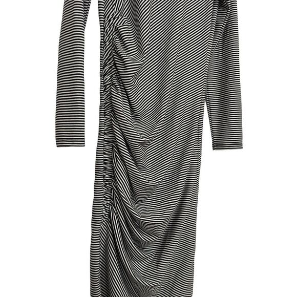 The Superdry Rouched Midi Long Sleeve Dress Black Stripe Sz 8 Side Slit - Picture 4 of 8